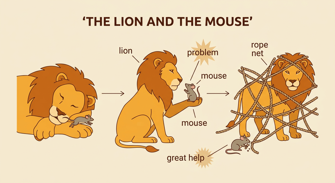 An illustrated story path shows the lion freeing the mouse and the mouse later chewing through the rope net.