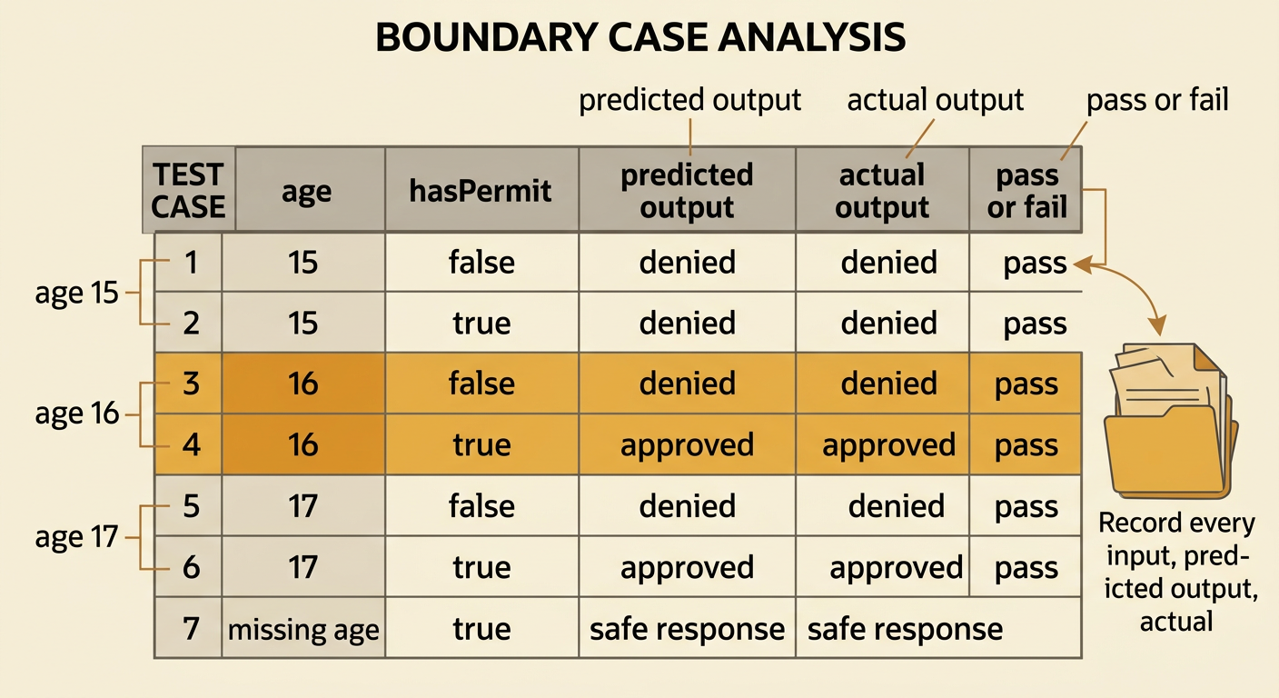 A boundary-testing table compares permit results for ages 15, 16, and 17, including a missing value.