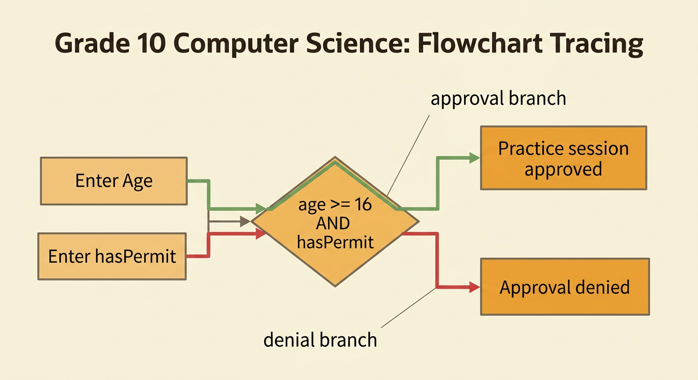 A program flowchart sends two sets of age and permit inputs to either approval or denial.
