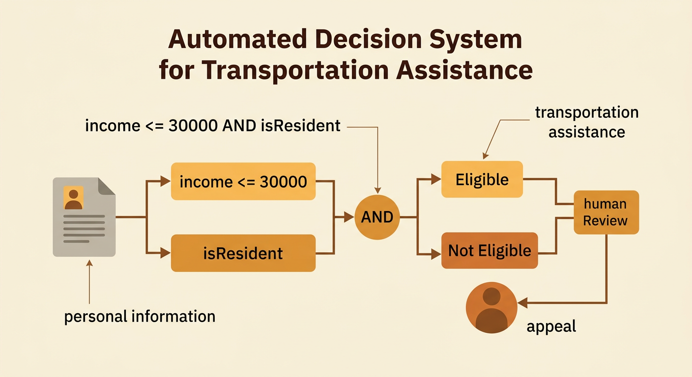 A transportation-assistance screening diagram shows an income and residency rule followed by approval, review, or appeal.