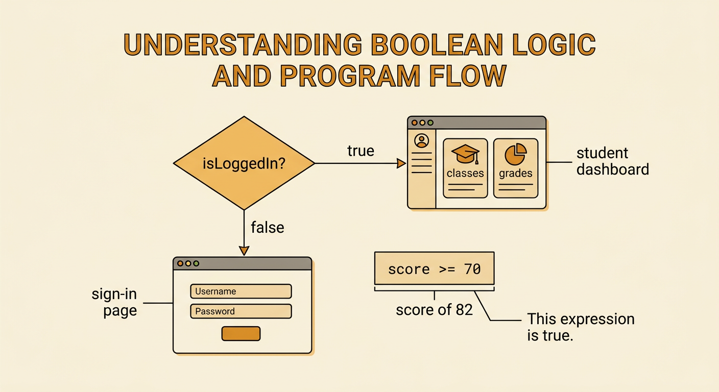 A school portal decision diagram shows a login check and a score comparison leading to different screens.