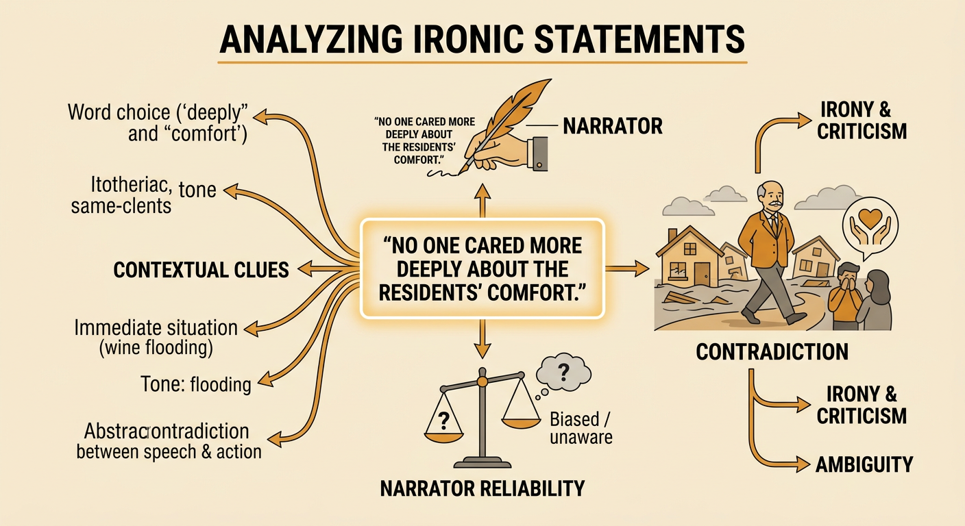 A narrator praises a mayor stepping around flooded homes while a branching diagram shows two reasonable interpretations of the scene.