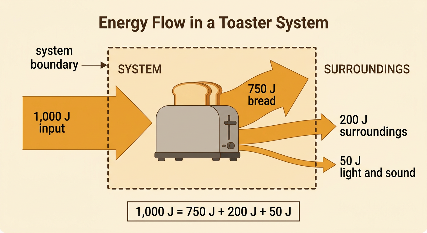 An energy-flow diagram shows a toaster system receiving 1,000 joules and sending energy to bread, surroundings, light, and sound.