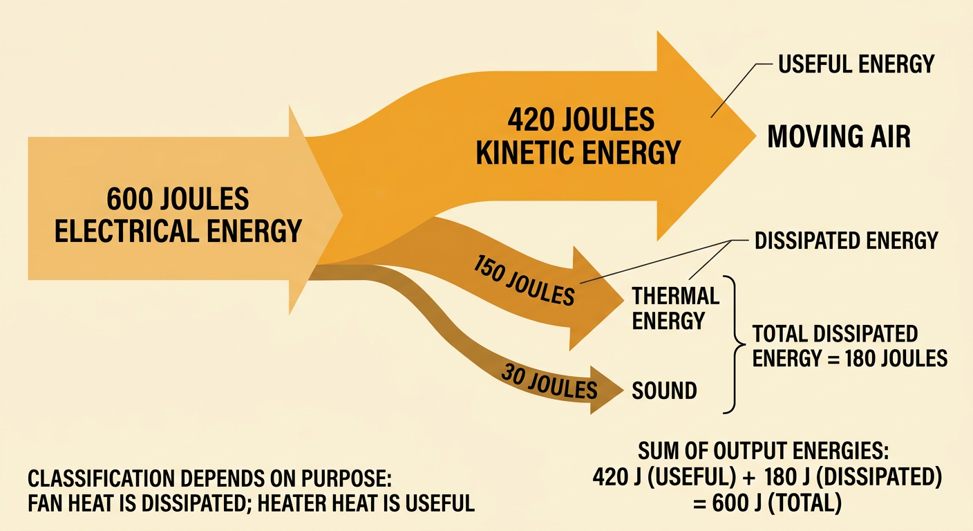 A fan energy diagram separates the useful motion of air from dissipated heat and sound.