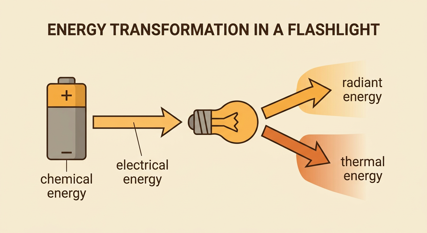 A flashlight energy diagram shows energy changing form from the battery through the circuit to light and heat.