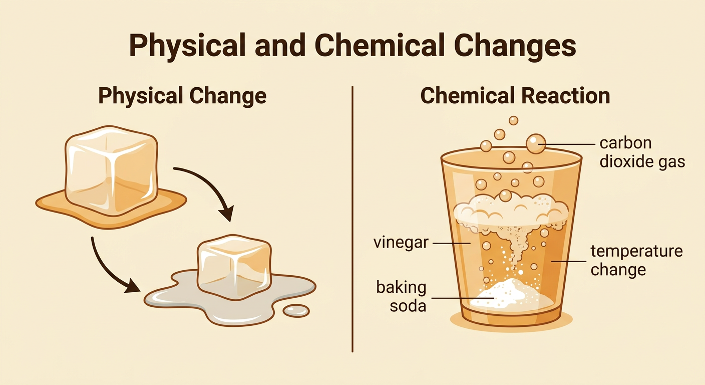 A side-by-side diagram shows melting ice as a physical change and bubbling baking soda and vinegar as a chemical reaction.