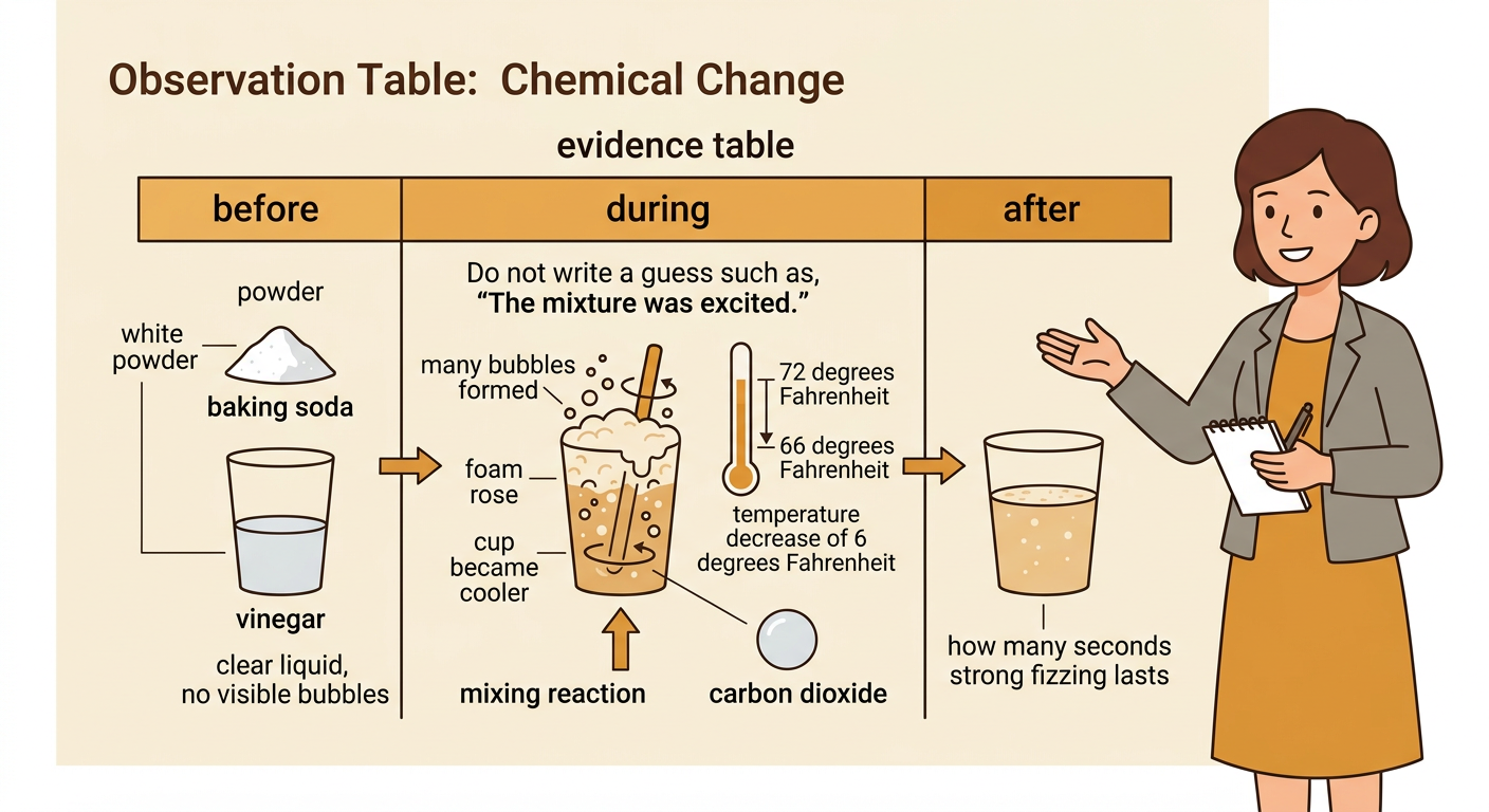 A notebook displays an evidence table filled with before, during, and after observations from the fizzing reaction.