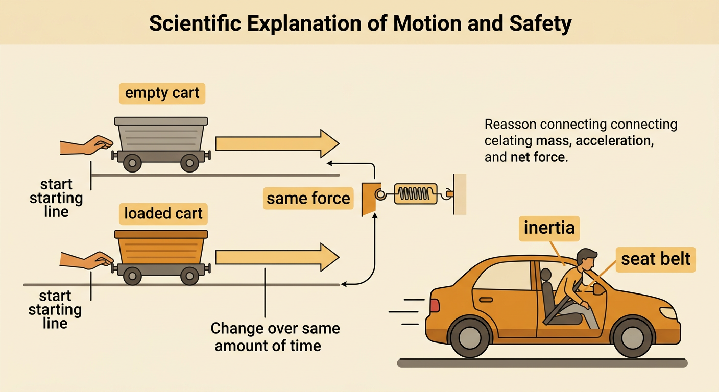 An empty cart and a loaded cart are tested with equal pushes beside a diagram of a seat belt stopping a passenger.