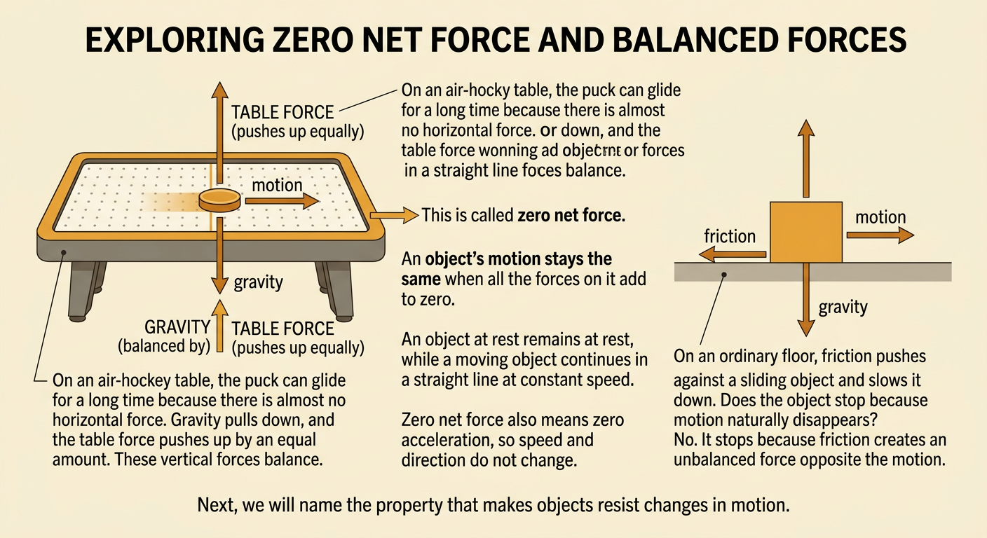 An air-hockey puck glides right at constant speed while balanced vertical forces act on it.