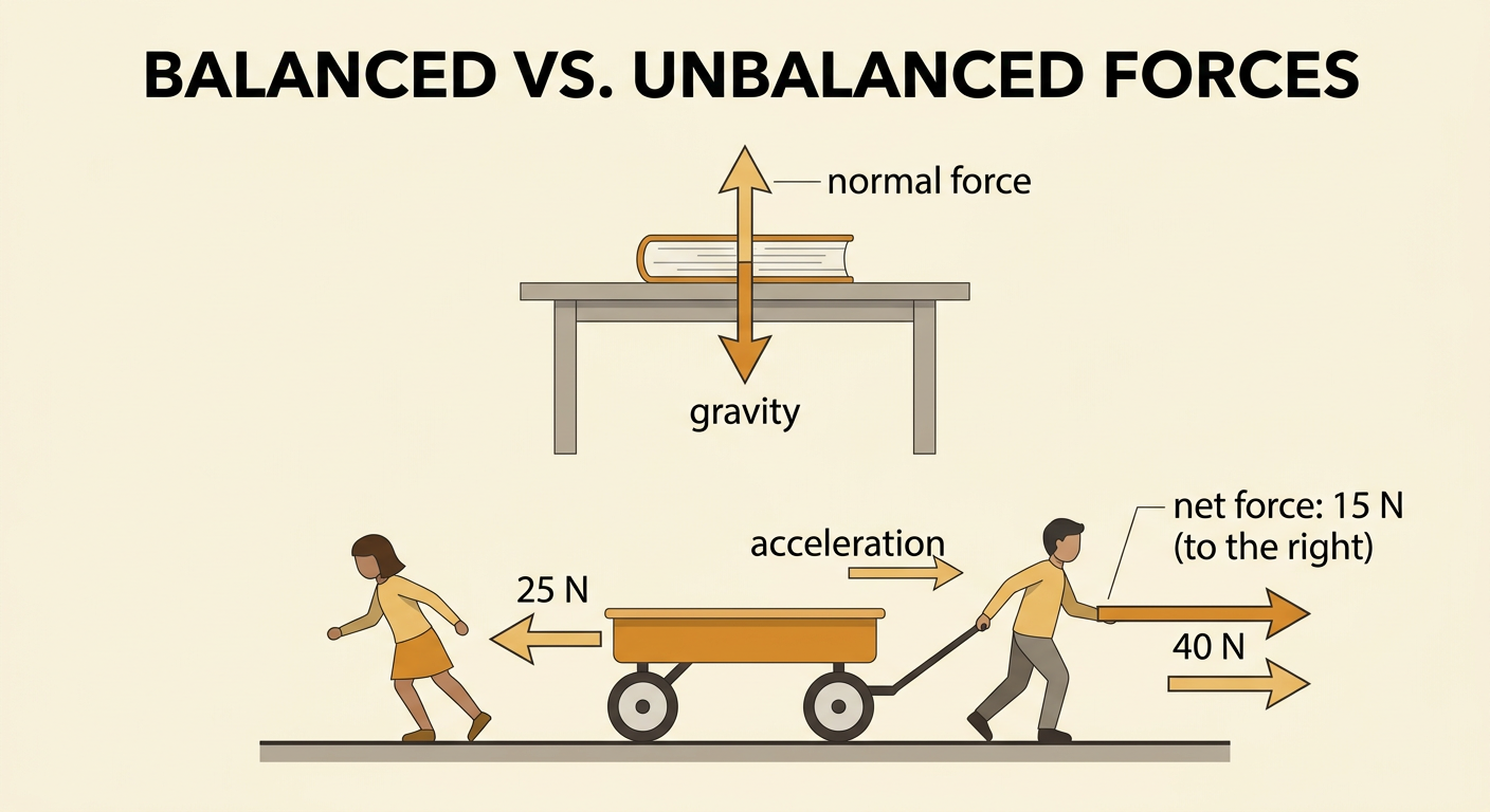 A book has balanced vertical forces, while a wagon has unequal horizontal pulls and accelerates to the right.