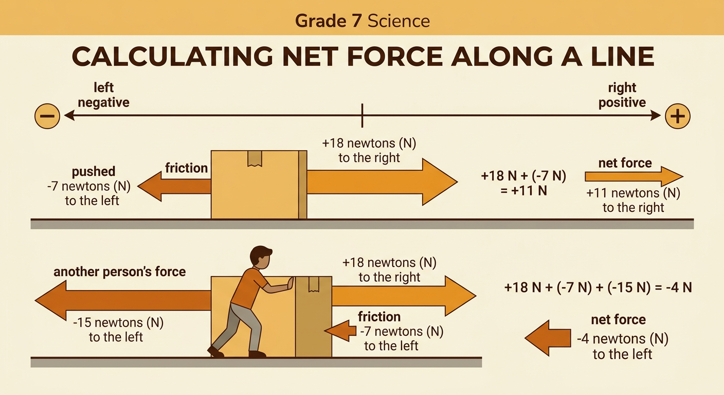 A box has opposing horizontal forces with signed values and net-force calculations for rightward, leftward, and balanced results.
