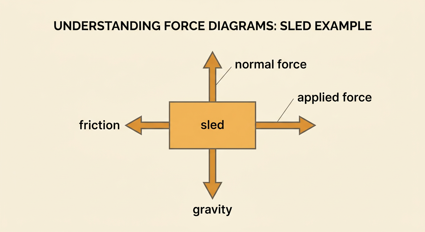 A free-body diagram of a sled shows four labeled force arrows, with a longer rightward arrow indicating a net force to the right.