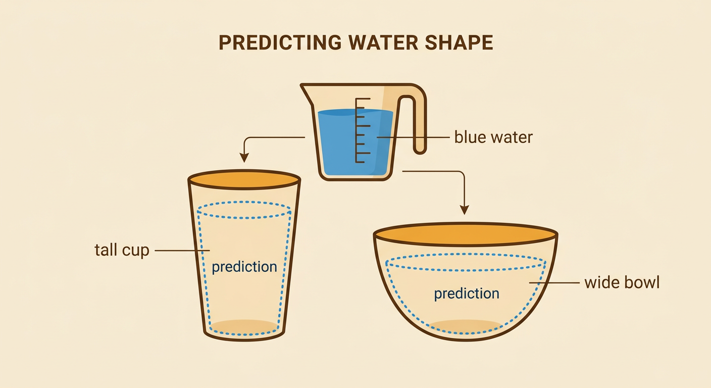 A tall narrow cup and a short wide bowl stand side by side with predicted blue water levels drawn inside.