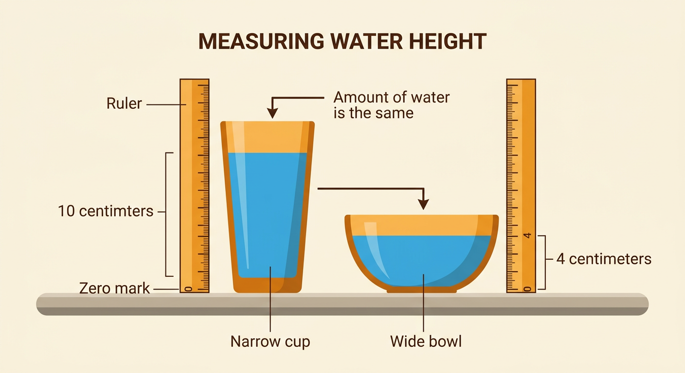A ruler measures blue water at 10 centimeters in a narrow cup and 4 centimeters in a wide bowl.