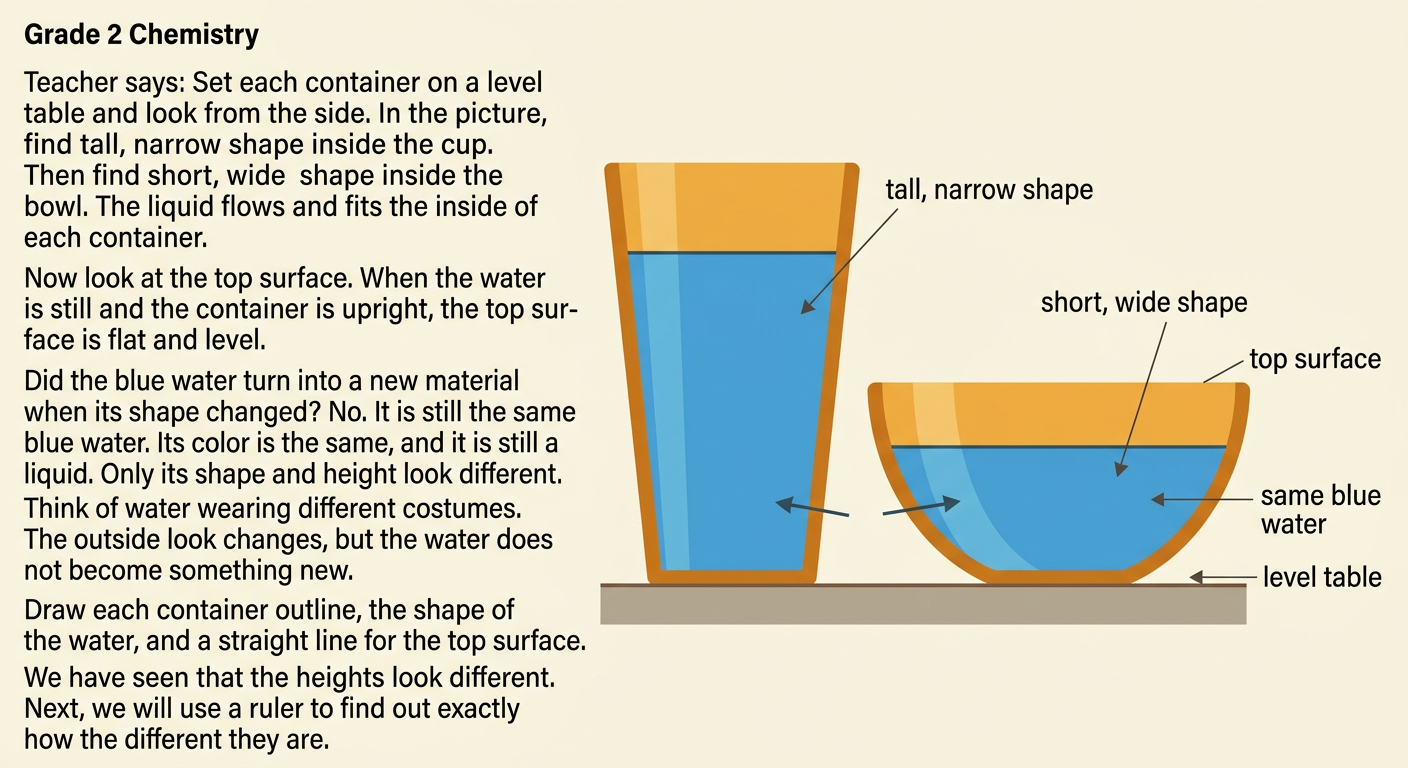 A side view shows still blue water with flat top surfaces in a tall cup and a wide bowl on a level table.