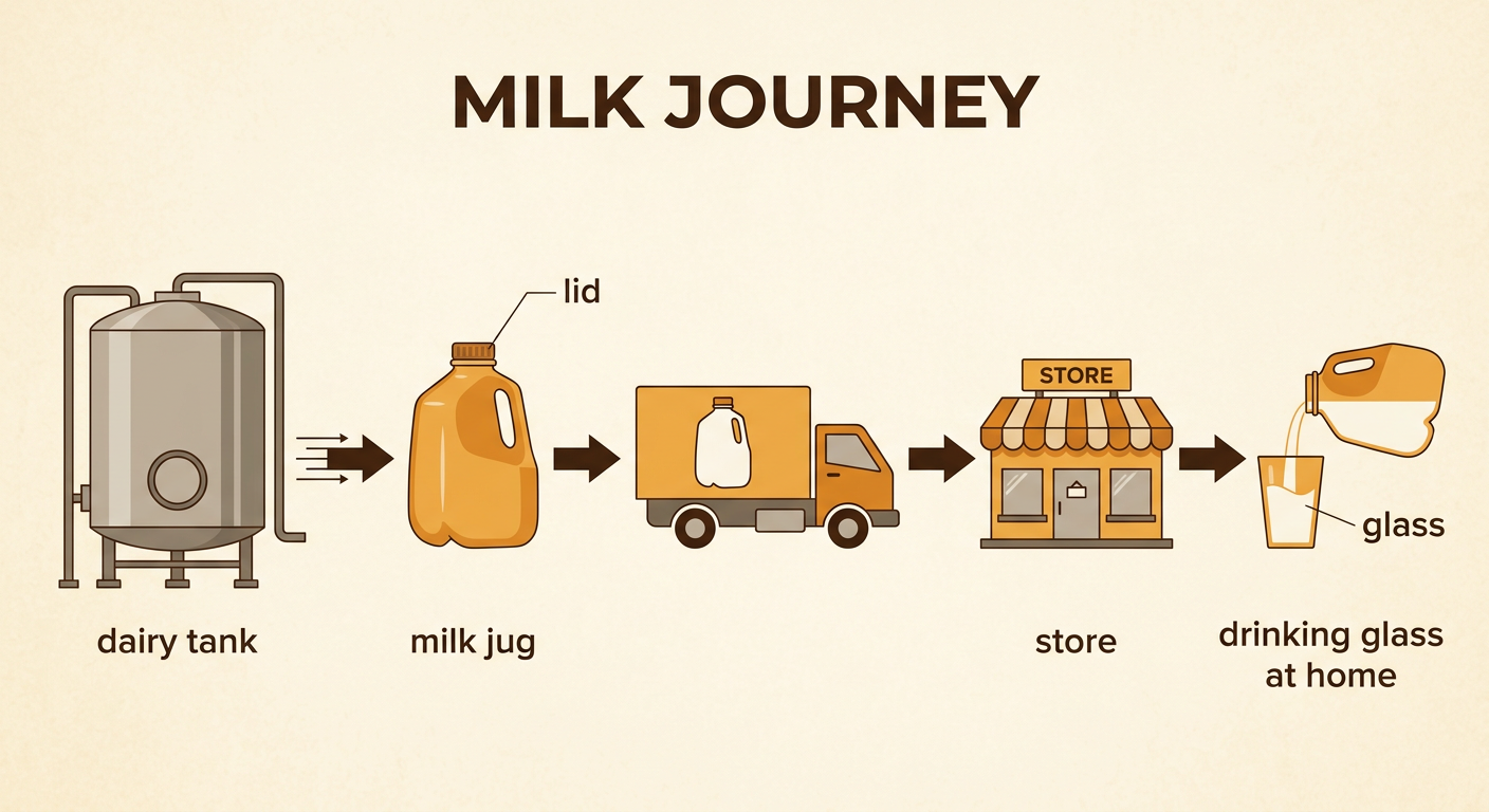 Milk travels from a dairy tank to a lidded milk jug on a truck and then into a glass at home.