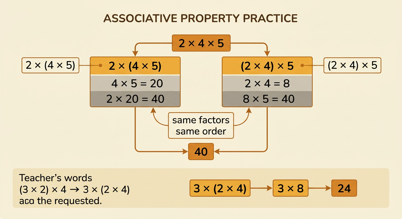 Two multiplication paths show the same ordered factors regrouped to make products of 40 and 24.
