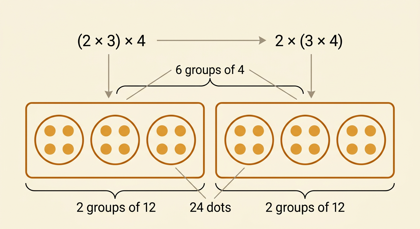 Twenty-four dots are arranged as two large groups containing three smaller groups of four dots each.