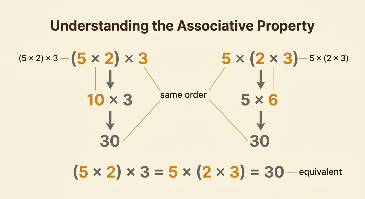 Two side-by-side cracker arrays show the differently grouped expressions reaching the same product of 30.