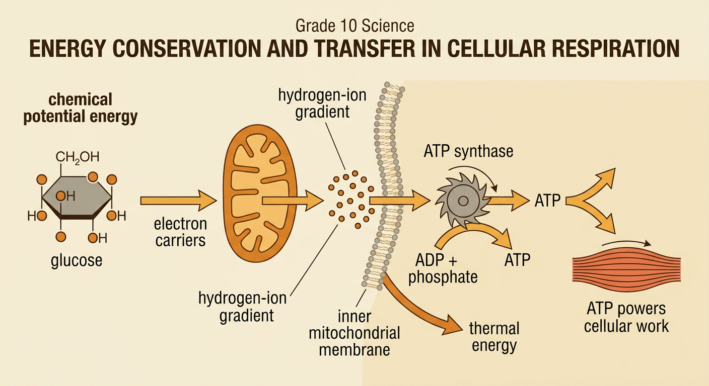 A mitochondrion uses a hydrogen-ion gradient and ATP synthase to make ATP while some energy leaves as heat.