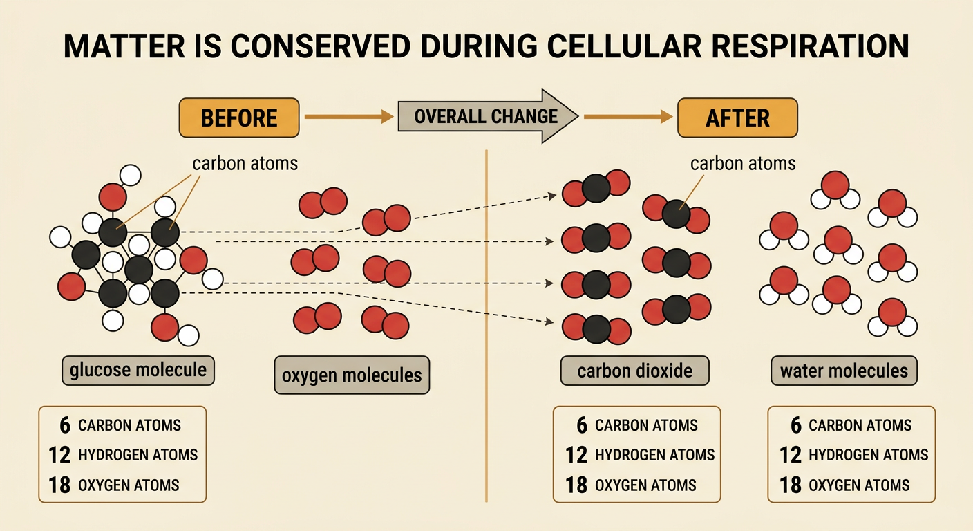 Color-coded atoms from glucose and oxygen are rearranged into carbon dioxide and water without any atoms disappearing.