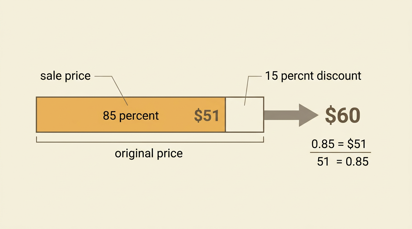 A backpack price tag shows how a 15 percent discount changes an original price of $60 into a sale price of $51.