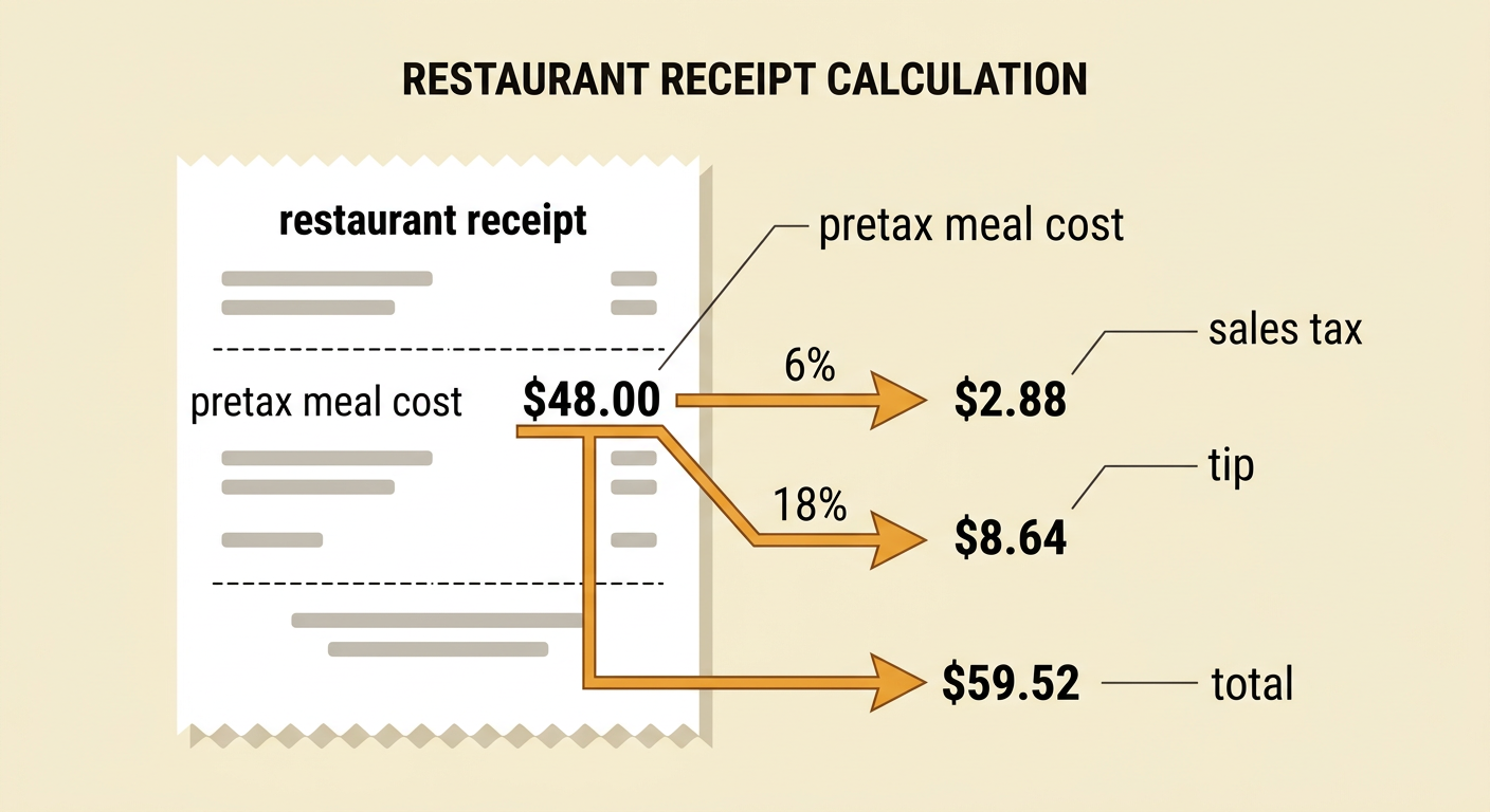 A restaurant receipt shows a $48 pretax meal with tax and tip added separately to reach $59.52.