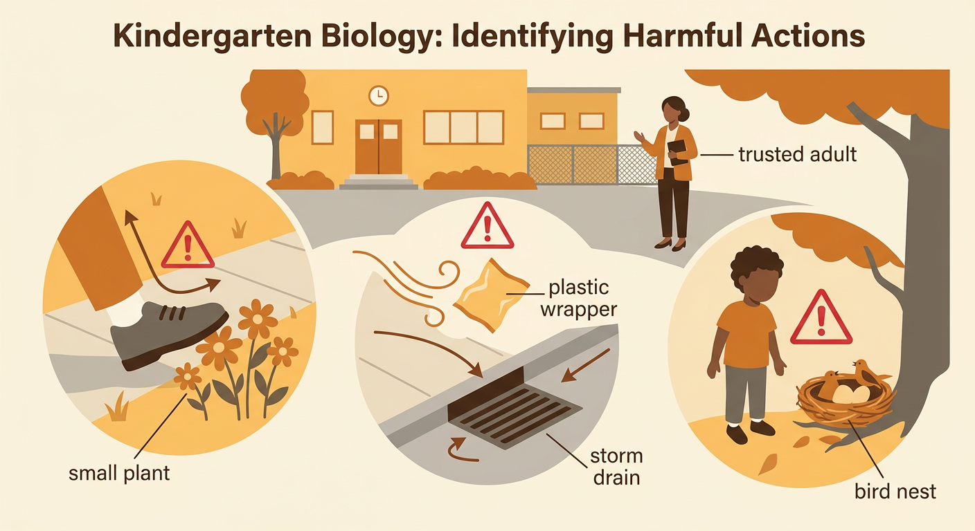 A schoolyard scene shows a crushed small plant, a frightened bird near its nest, and a plastic wrapper beside a storm drain as a child tells an adult.