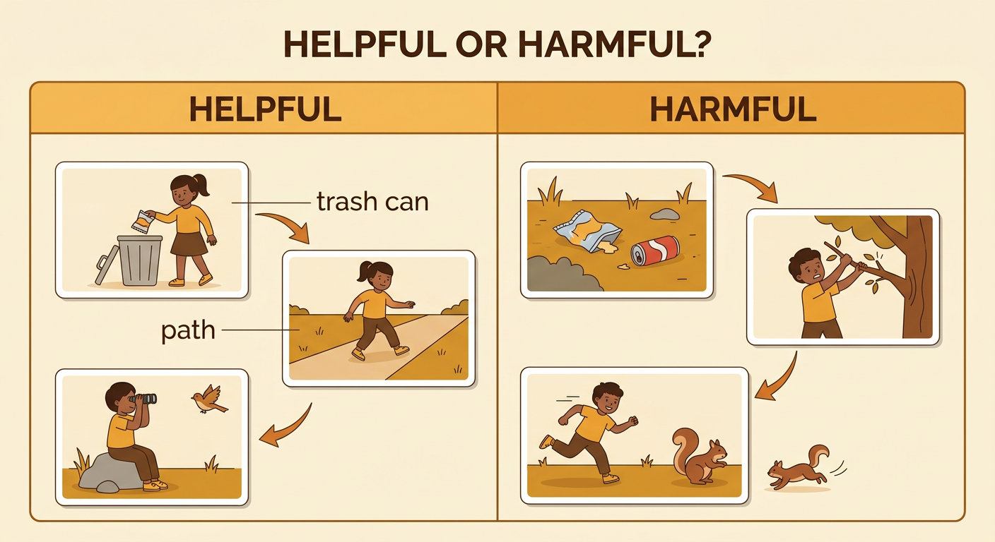 An illustrated sorting board places quiet walking and trash cleanup under helpful and plant damage and littering under harmful.