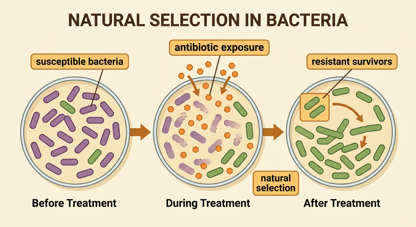 A before-and-after diagram shows antibiotic exposure removing susceptible bacteria while resistant survivors reproduce.