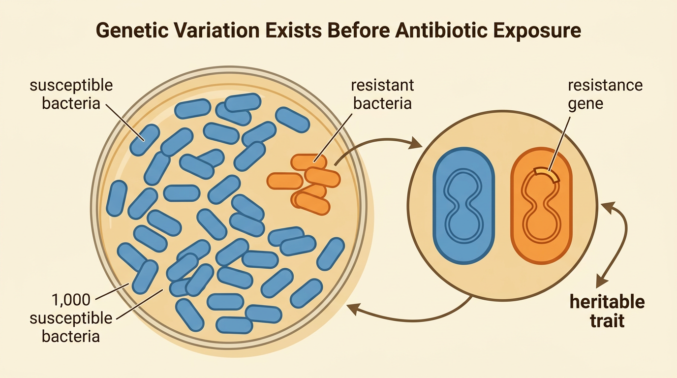 A petri dish shows 10 resistant bacteria among 990 susceptible bacteria before antibiotic treatment.