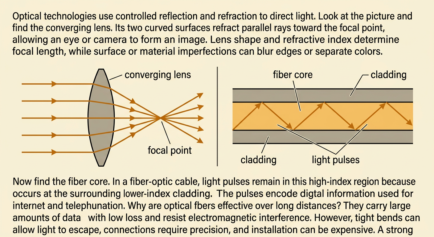 A technical illustration shows a converging camera lens beside a fiber-optic cable carrying light pulses.