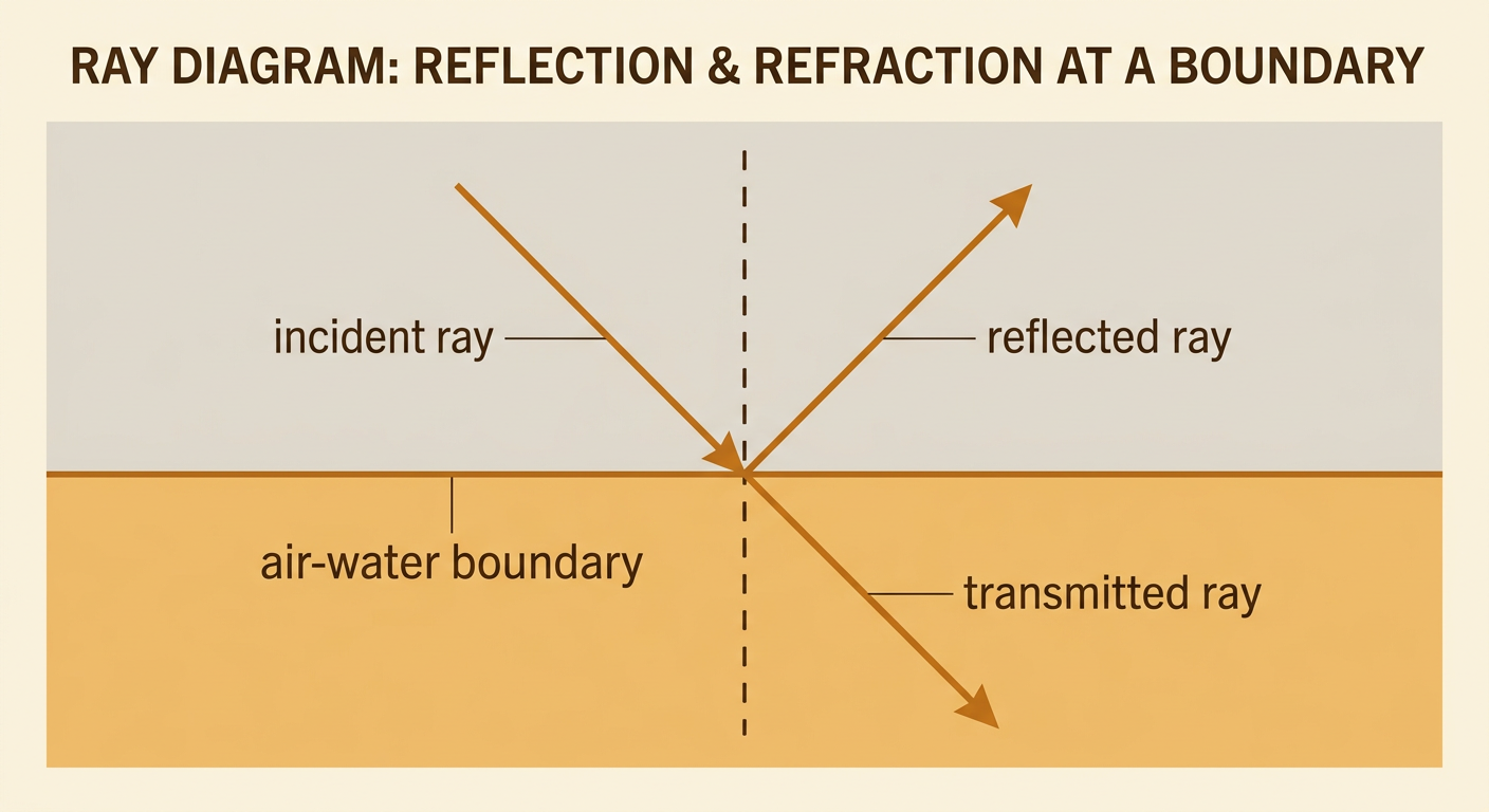 A ray diagram shows sunlight partly reflecting from and partly entering a calm lake.