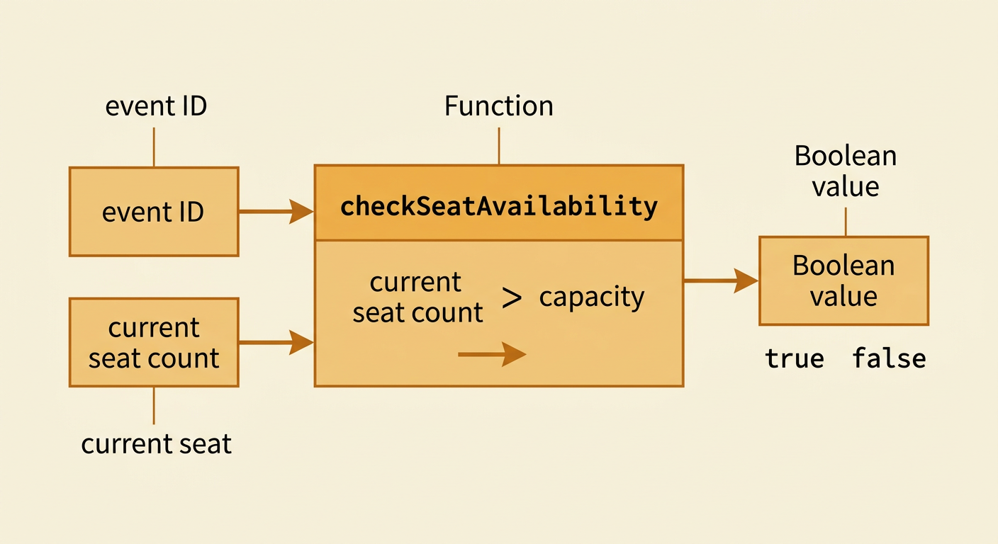 A function contract diagram shows data entering and a Boolean result leaving the seat availability function.