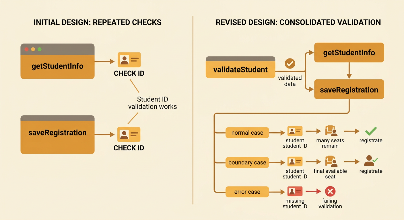 A revised design routes student data through one validation function and shows three test-case cards.