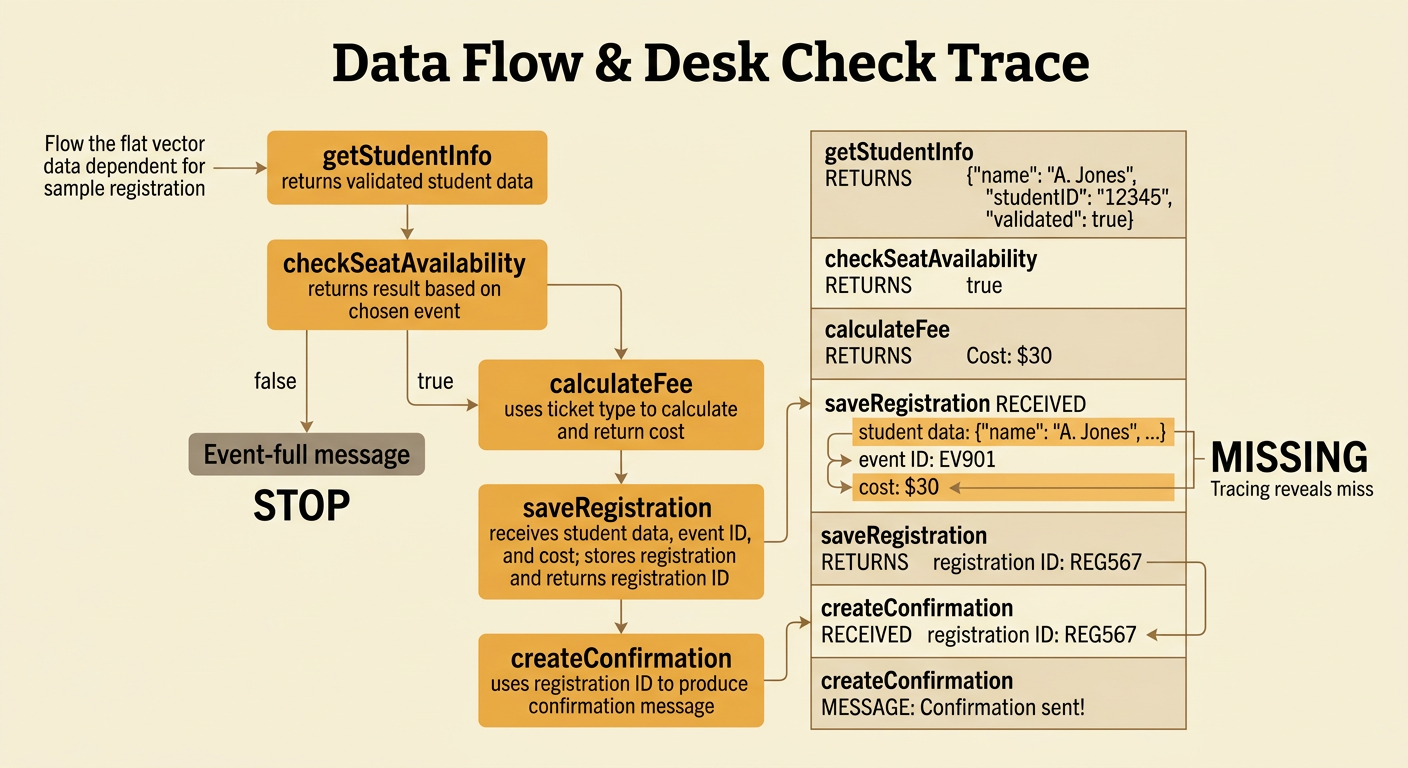 A flowchart traces a successful registration and a false branch that ends with an event-full message.