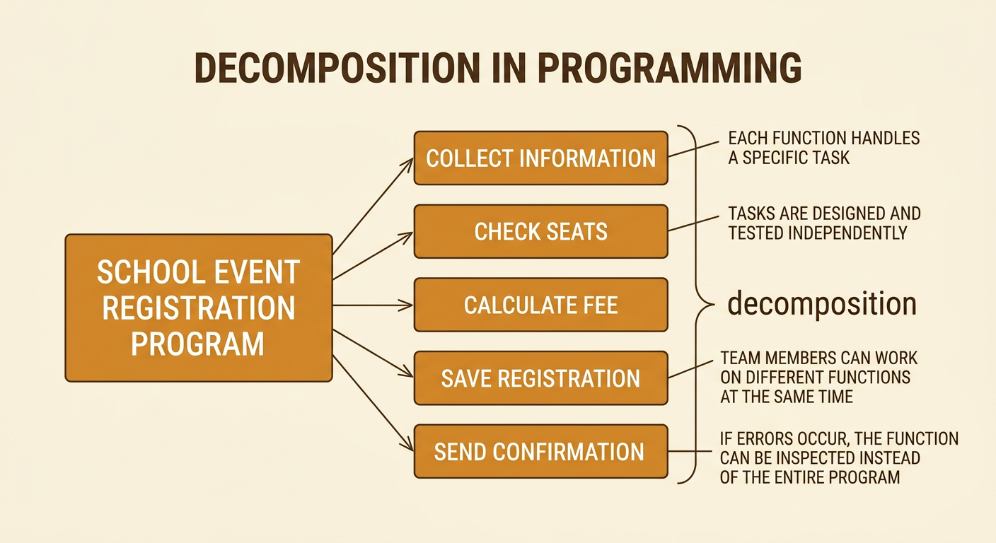 A large event registration program block splits into smaller connected task blocks.