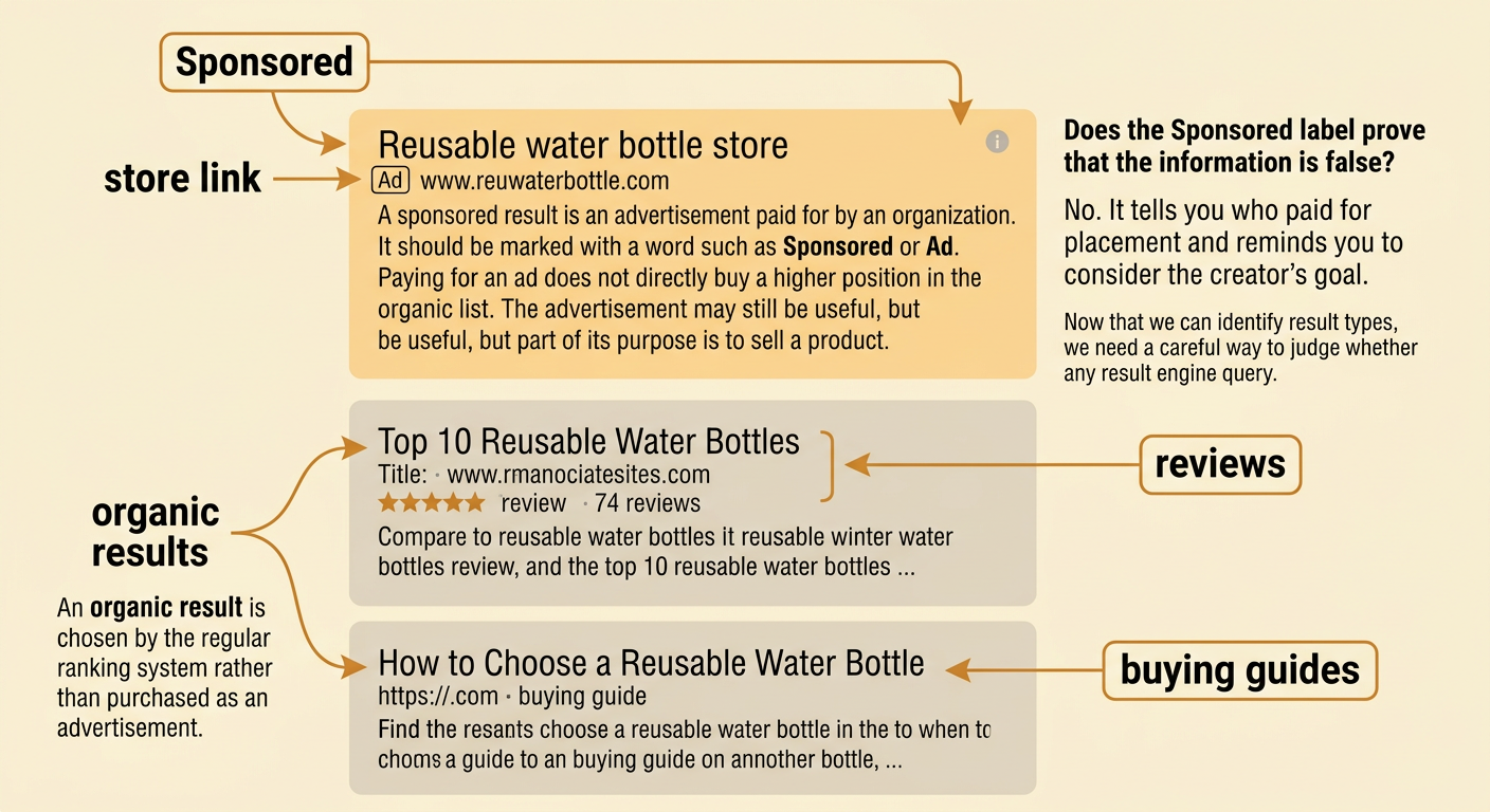 A reusable-water-bottle results page shows a labeled advertisement above unpaid reviews and buying guides.