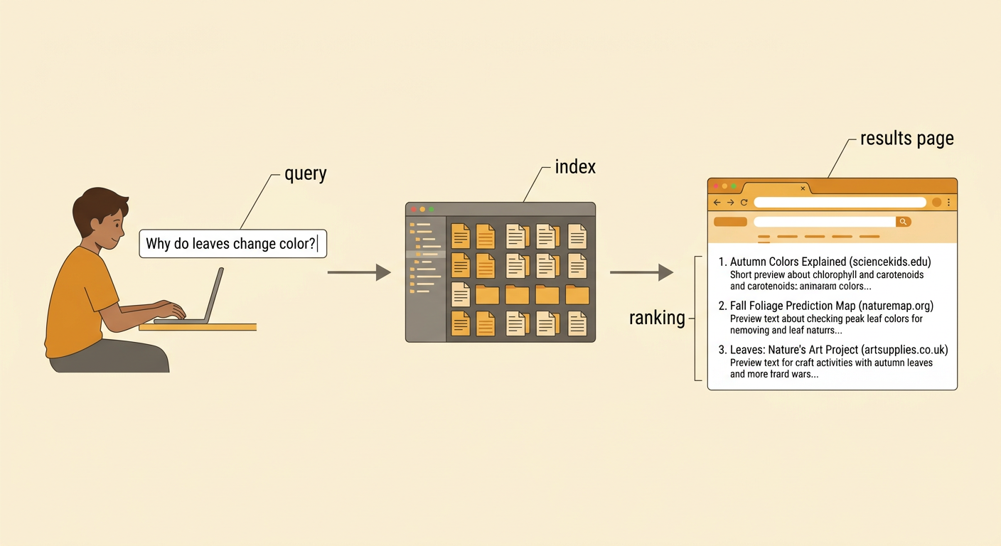 A simple flow diagram shows a leaf-color query moving through a search index to a ranked results page.