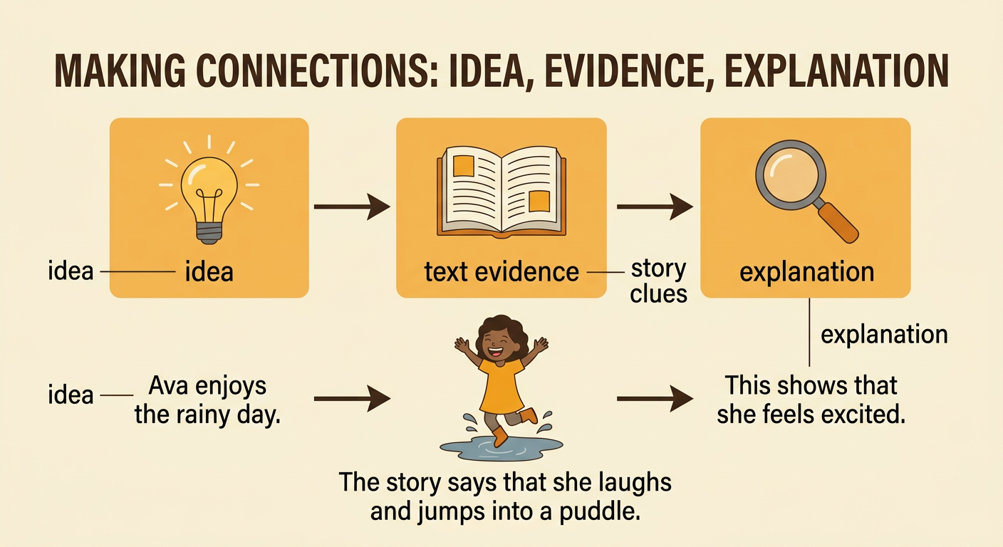 Story clues about Ava and Leo connect to statements explaining each character's feelings.