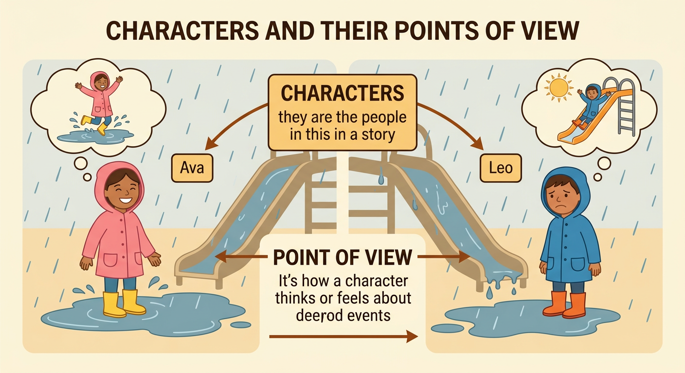 Ava smiles beside a puddle while Leo frowns beside a wet slide at the rainy playground.