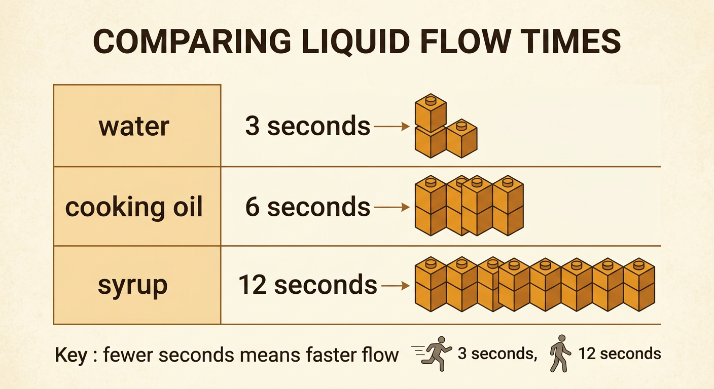 A simple results table compares example flow times for water, cooking oil, and syrup with matching cube towers.
