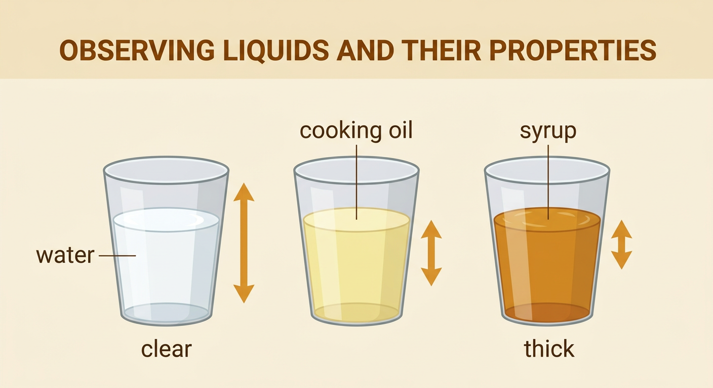 Three clear cups show water spreading quickly, pale yellow cooking oil pouring, and thick syrup sitting in a small mound.