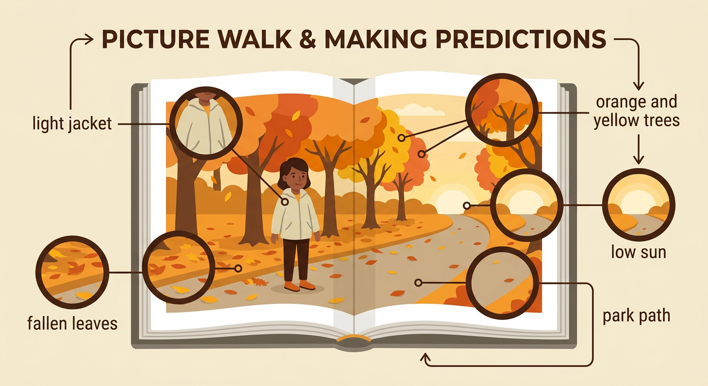 Mia wears a light jacket on a leaf-covered park path beside orange and yellow trees under a low sun.