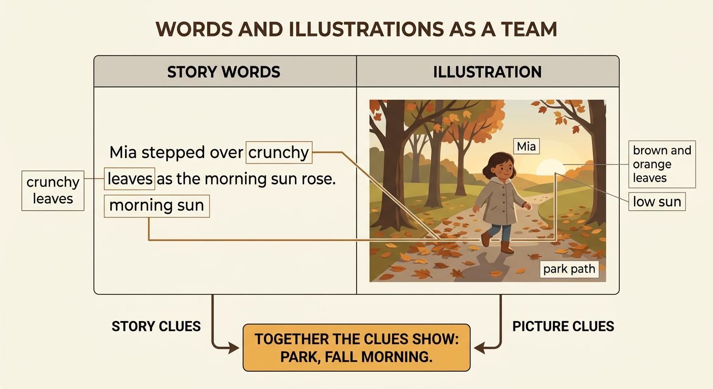 Brown and orange leaves and a low morning sun are connected to matching word clues in Mia’s park scene.