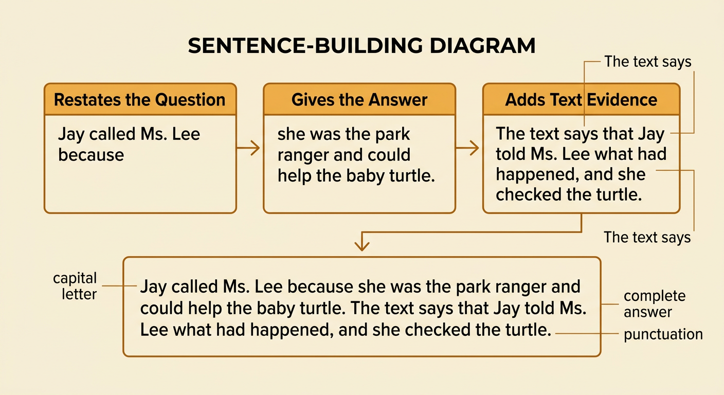 A complete answer about Jay calling Ms. Lee is marked with its opening capital letter, evidence phrase, and ending punctuation.