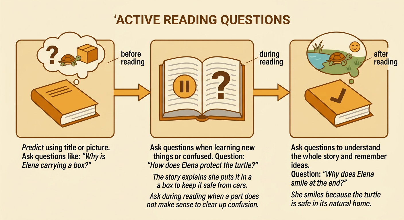 A reading path shows a child asking questions before, during, and after reading the turtle story.