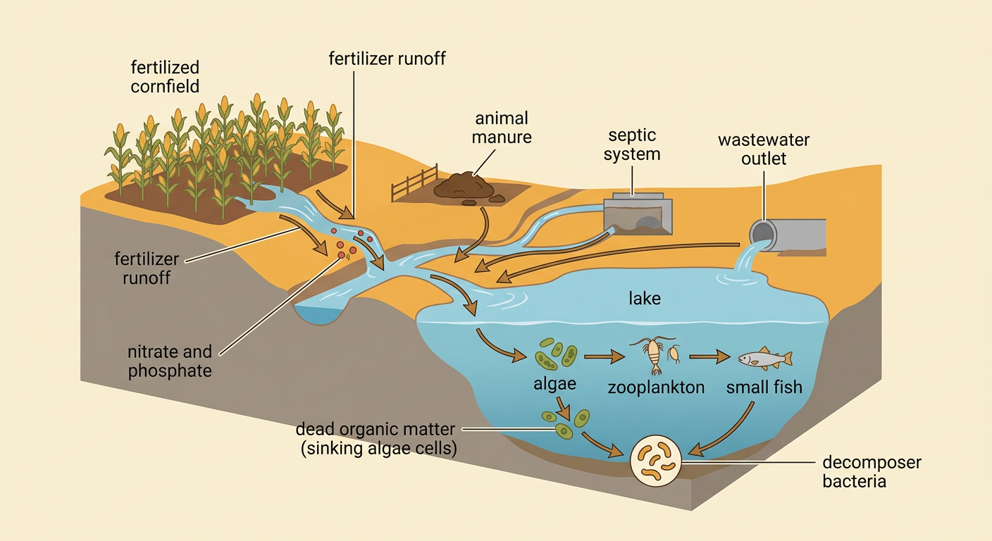 A watershed diagram traces fertilizer runoff from a cornfield through a stream to algae, zooplankton, small fish, and decomposer bacteria in a lake.