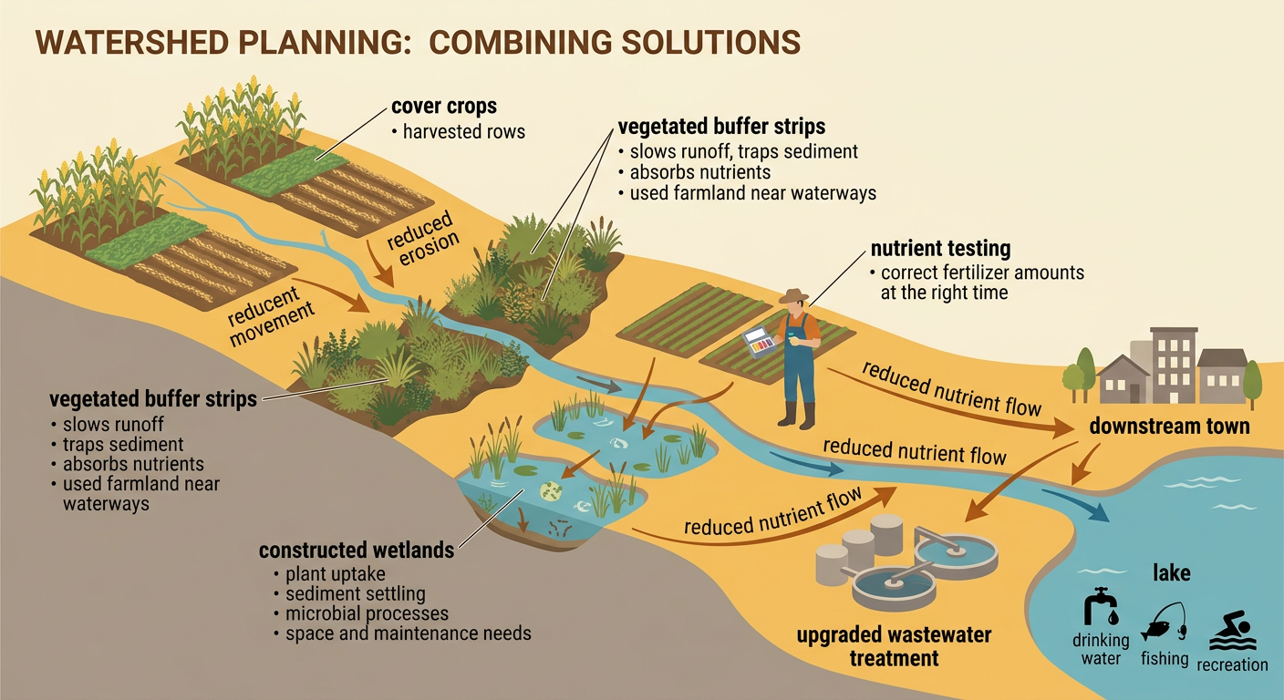 A watershed plan shows vegetated buffer strips, cover crops, constructed wetlands, nutrient testing, and upgraded wastewater treatment protecting a downstream town.