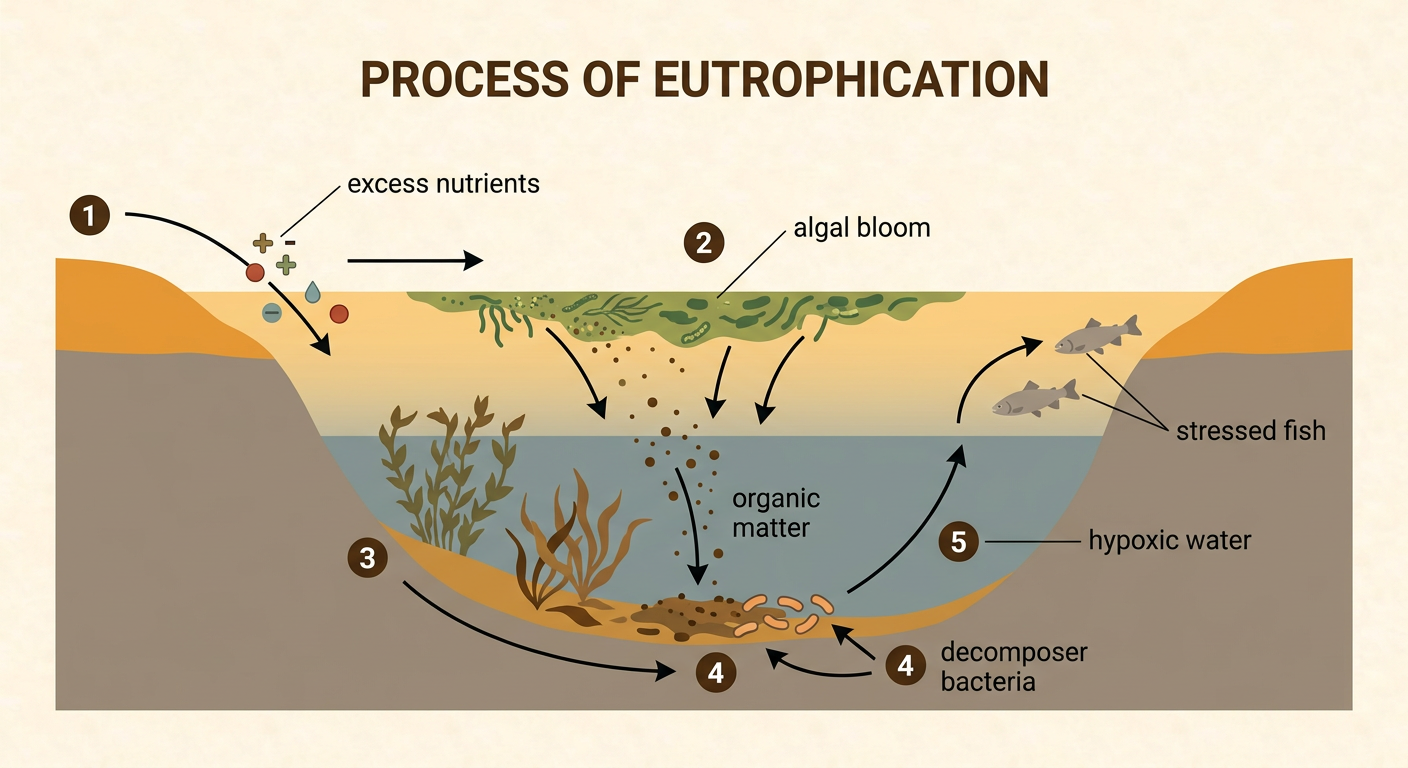 A lake cross-section shows excess nutrients feeding an algal bloom, sinking organic matter, decomposer bacteria, and hypoxic water around stressed fish.